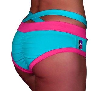 Bad Kitty Criss Cross Brazil PoleFit Shorts Pole Dance Bottoms Teal Hot Pink Med